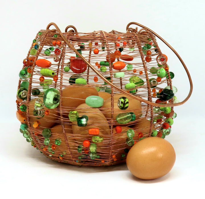 Woven copper wire egg basket green and orange
