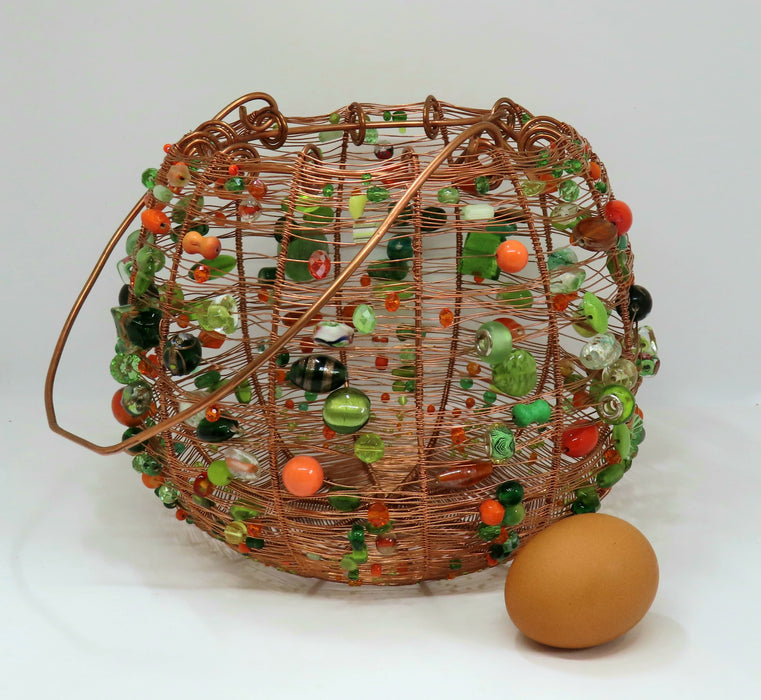 Woven copper wire egg basket green and orange