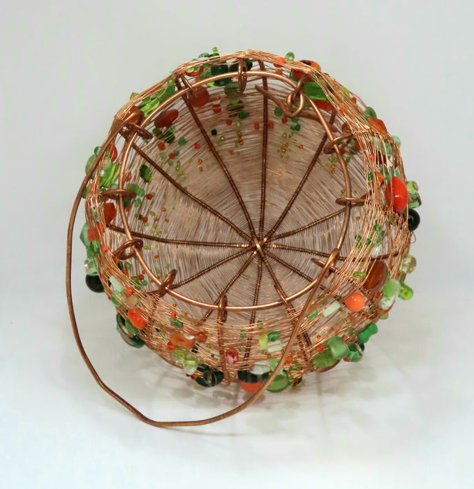 Woven copper wire egg basket green and orange