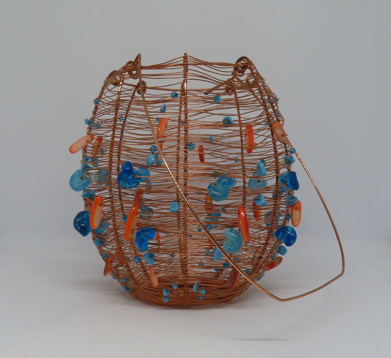 Woven copper wire blue and coral lantern