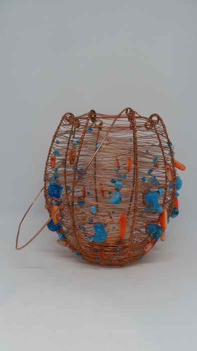 Woven copper wire blue and coral lantern