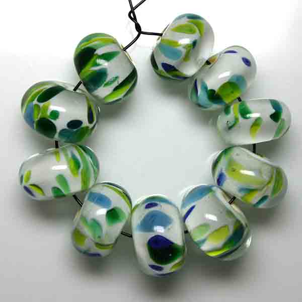 Set of 10 - White base with Summer Breeze frit, encased in clear for sparkle