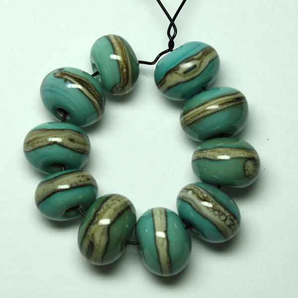 Singles, pairs or set of 10 - Opaque copper green base with silvered ivory stringer