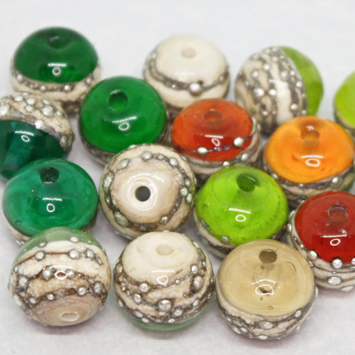 Pairs - Round beads combining ivory glass wrapped in fine silver at one end, with luscious transparents - 012102R
