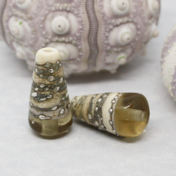 Pairs - Conical style beads combining ivory glass wrapped in fine silver, with luscious transparents - 012101R
