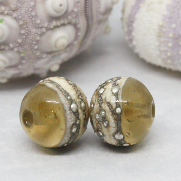 Pairs - Round beads combining ivory glass wrapped in fine silver at one end, with luscious transparents - 012102R
