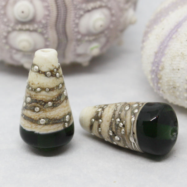 Pairs - Conical style beads combining ivory glass wrapped in fine silver, with luscious transparents - 012101R