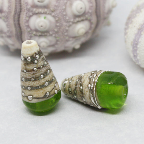 Singles - PER EACH - Conical style beads combining ivory glass wrapped in fine silver, with luscious transparents - 012101R