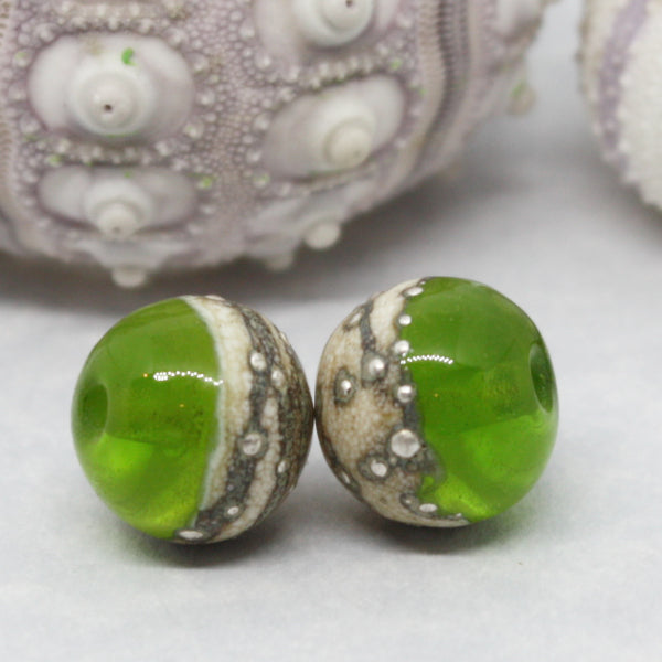 Pairs - Round beads combining ivory glass wrapped in fine silver at one end, with luscious transparents - 012102R