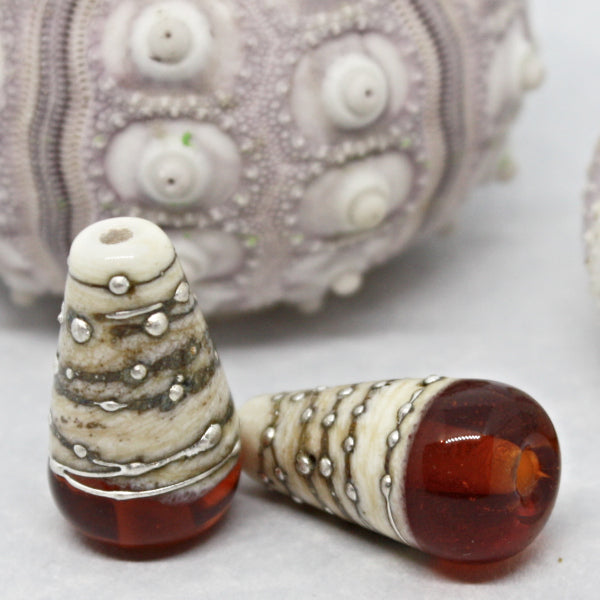 Pairs - Conical style beads combining ivory glass wrapped in fine silver, with luscious transparents - 012101R