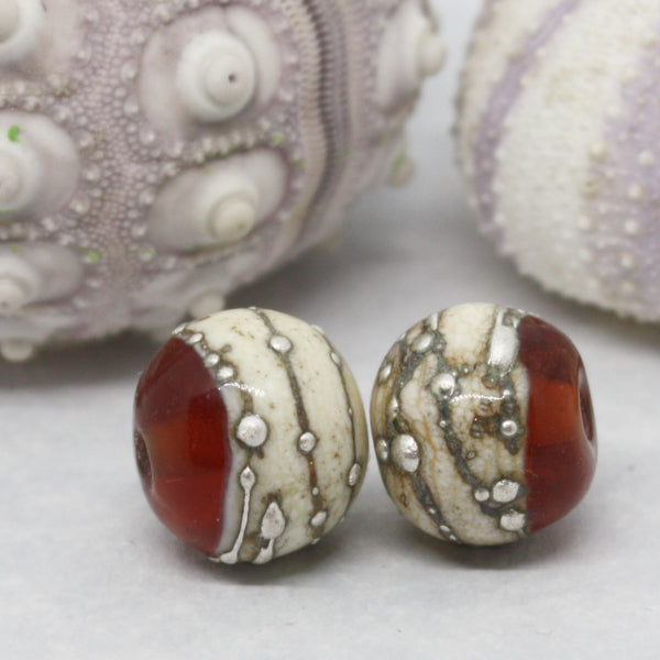 Pairs - Round beads combining ivory glass wrapped in fine silver at one end, with luscious transparents - 012102R