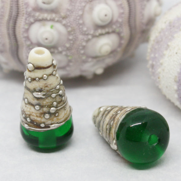 Pairs - Conical style beads combining ivory glass wrapped in fine silver, with luscious transparents - 012101R
