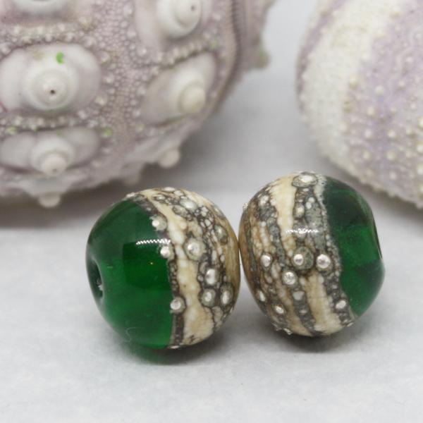 Pairs - Round beads combining ivory glass wrapped in fine silver at one end, with luscious transparents - 012102R