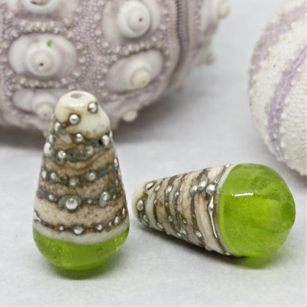Pairs - Conical style beads combining ivory glass wrapped in fine silver, with luscious transparents - 012101R