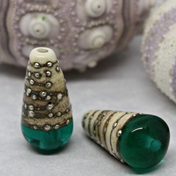 Pairs - Conical style beads combining ivory glass wrapped in fine silver, with luscious transparents - 012101R