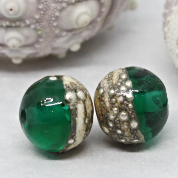 Pairs - Round beads combining ivory glass wrapped in fine silver at one end, with luscious transparents - 012102R