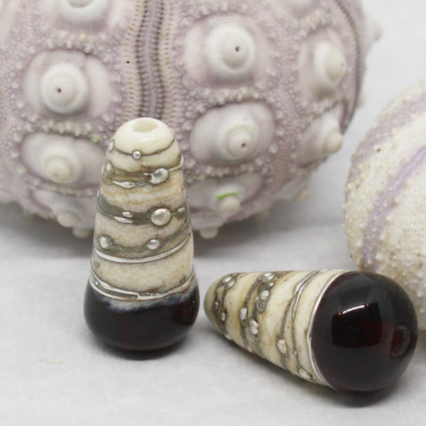 Pairs - Conical style beads combining ivory glass wrapped in fine silver, with luscious transparents - 012101R