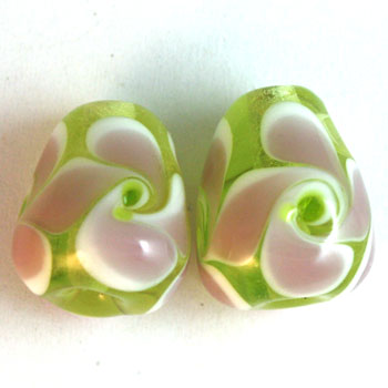 Pairs - pretty little earring pair, transparent green base, pale amethyst and white floral swirl - 100614R