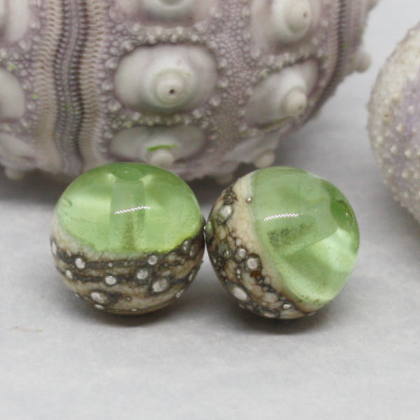 Pairs - Round beads combining ivory glass wrapped in fine silver at one end, with luscious transparents - 012102R