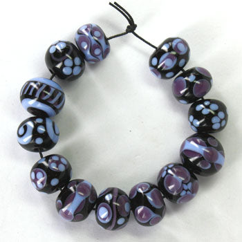 Set of 13 - Periwinkle, purple and black with detailed patterns - 100609R